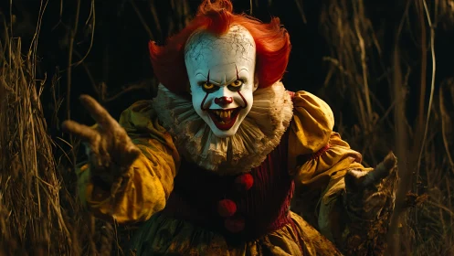 Photorealistic horror clown portrait with dramatic lighting.