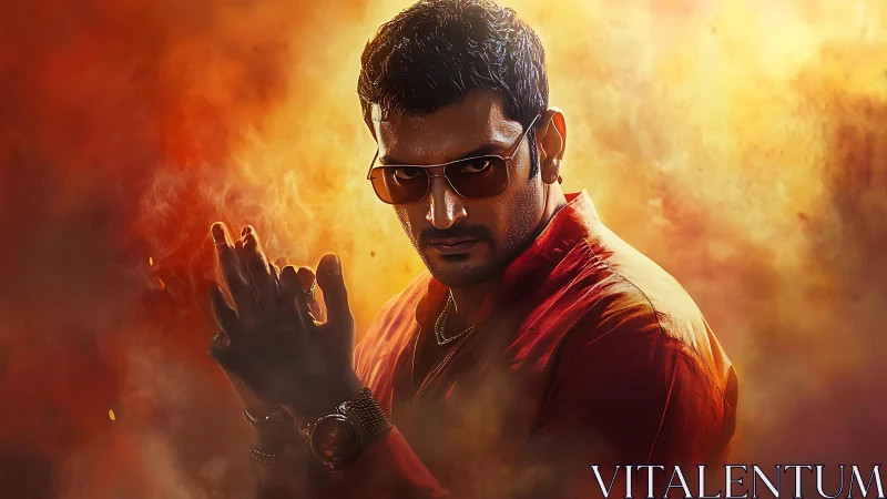 Male figure in tinted glasses stands in dense orange smoke