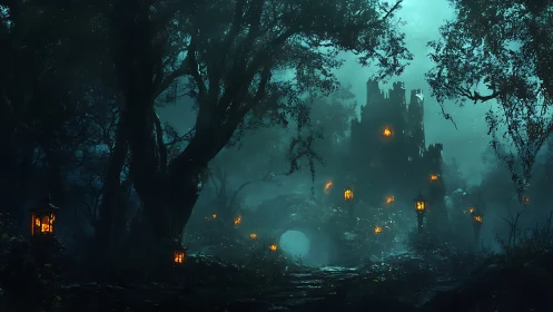 Haunted forest path leading toward glowing ruined castle.