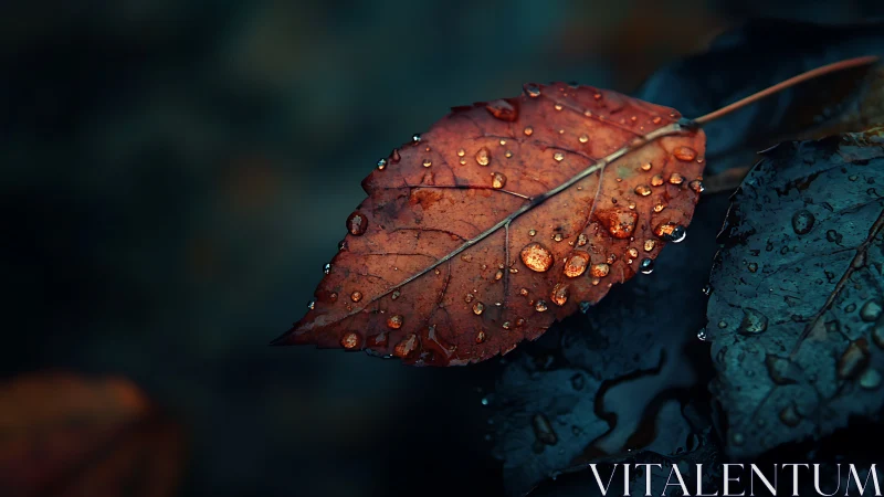 Macro autumn leaf with raindrops on dark bokeh ground.