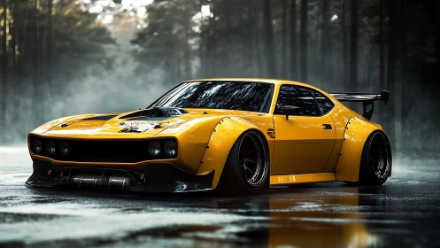Yellow widebody race car cuts through misty forest road.