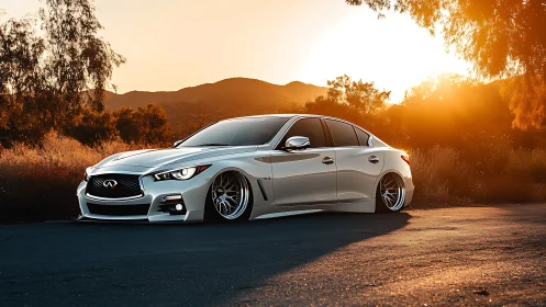 Sunlit stance-tuned Infiniti sedan in golden hour environment.