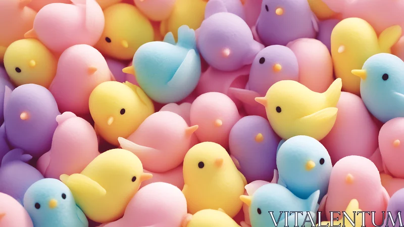 Pastel candy chicks gathered in a soft rainbow cuddle pile.