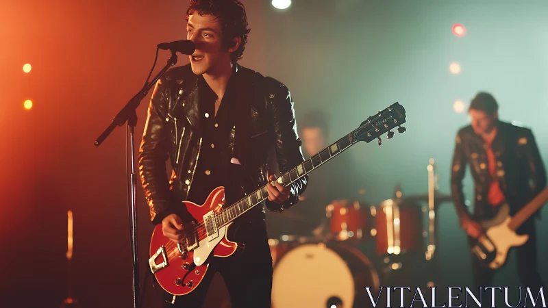 Stage-lit rock trio under warm bokeh and cinematic haze.