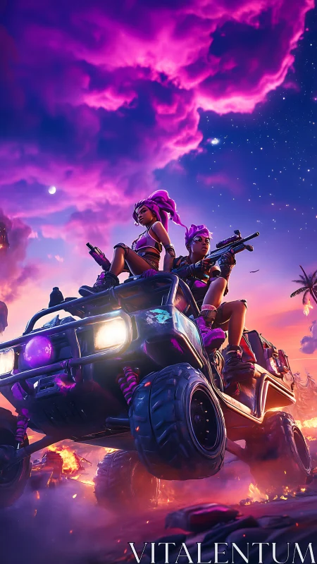 Neon-haired heroes ride boldly through a glowing cosmic storm