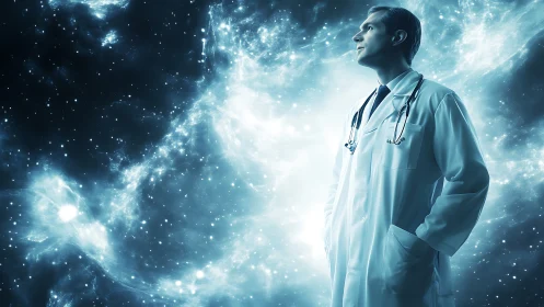 Clinician in lab coat surveys luminous nebular starfield environment