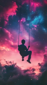 Silhouetted child on swing drifts through neon cosmic clouds.