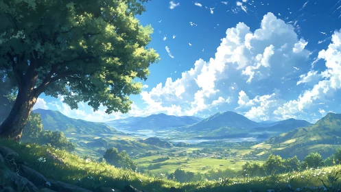 Sunlit valley dreamscape under drifting summer clouds.