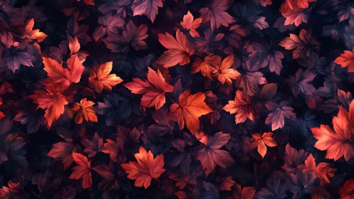 Crimson maple foliage scattered over deep indigo shadows.