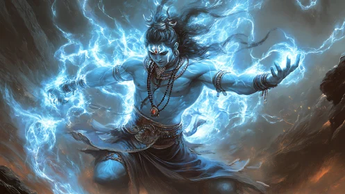 Electrified blue deity channels stormlike cosmic power.
