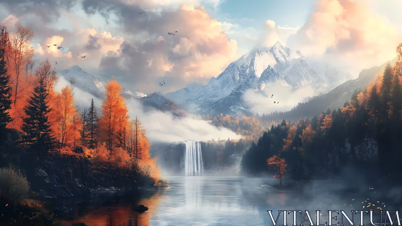 Autumn mountainscape with misty waterfall and glowing lake.
