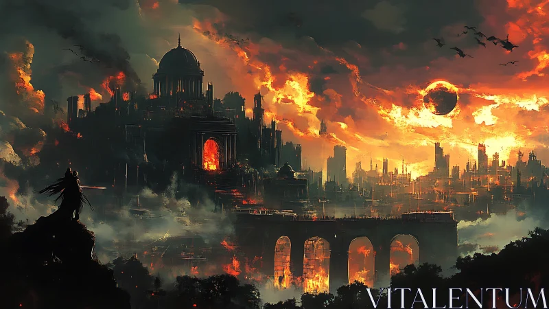 Burning fantasy city skyline under eclipsed sun at dusk