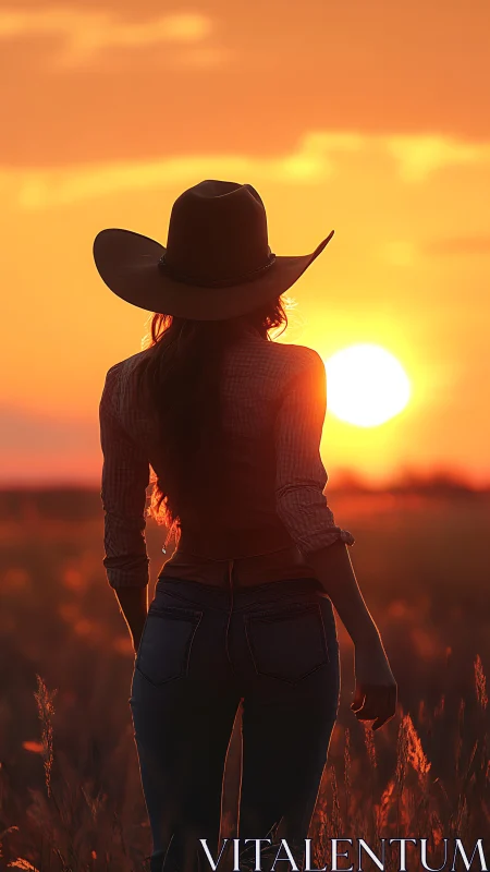 Cowgirl silhouette soaking in a quiet prairie sunset glow.