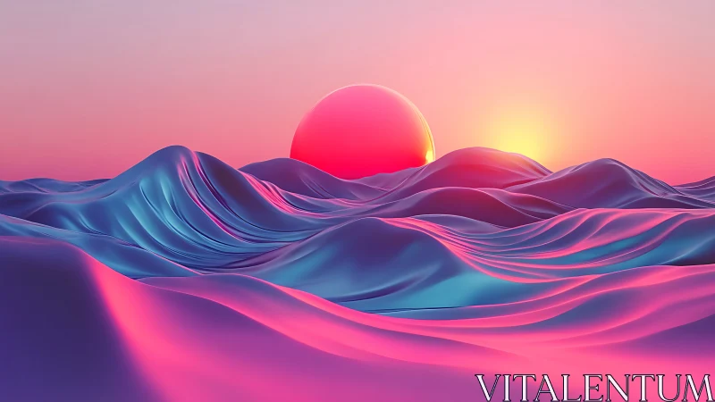 Neon-gradient synthetic seascape captures abstract sunrise sphere