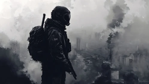 Solitary tactical figure in smoke over damaged cityscape.