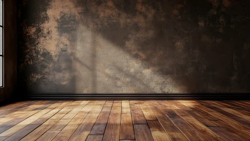 Sunlit rustic interior with textured wall and wood floor.
