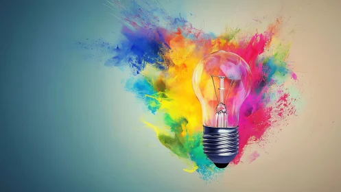 Transparent light bulb with vivid multicolor paint explosion backdrop
