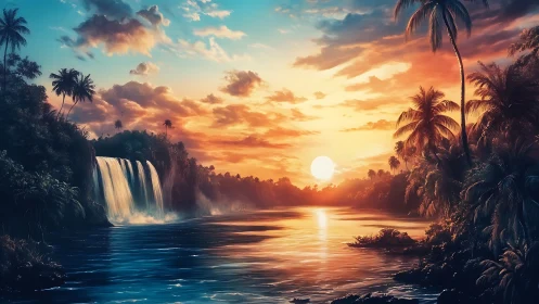 Sunset illuminates tropical river with waterfall and dense palms