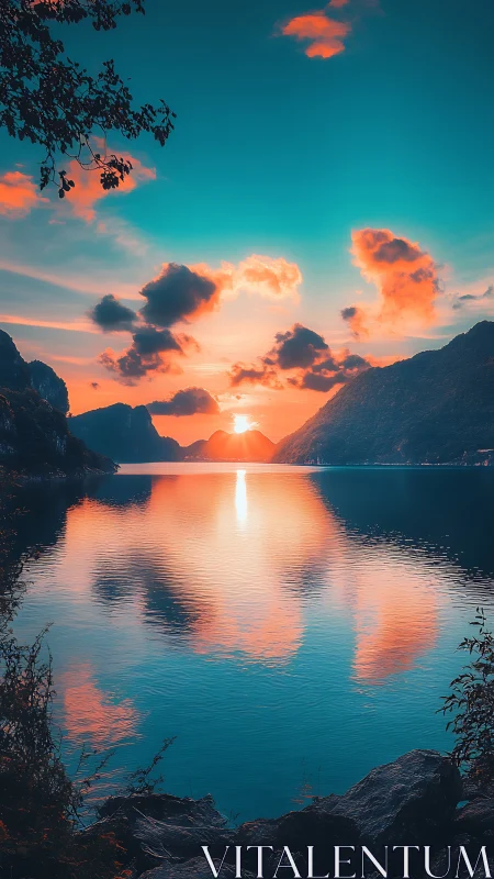 Golden sunset settles gently over tranquil turquoise lake