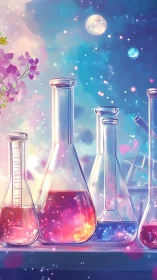 Laboratory glassware holds luminous multicolored liquid samples