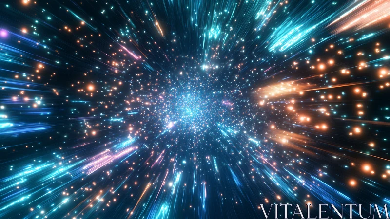 Starfield tunnel with blue and orange light streaks.