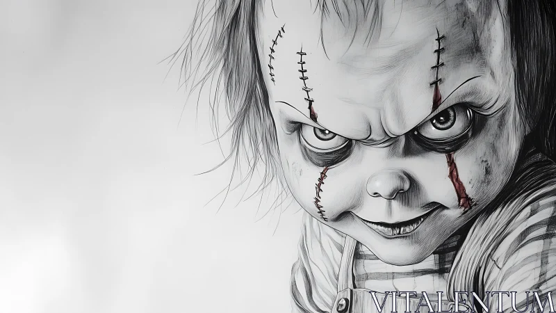 Sinister stitched doll glare carved in monochrome dread.