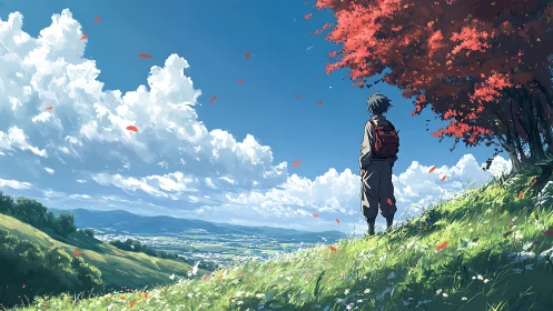 Quiet hilltop daydreams beneath a bright, wind-swept sky.