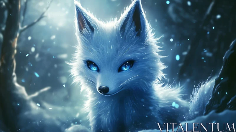 White mystical fox with glowing blue eyes in snowy forest.