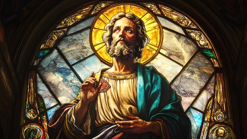 Radiant stained glass saint gazes upward in sacred light