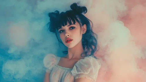 Soft portrait in pastel bokeh smoke with soft key lighting