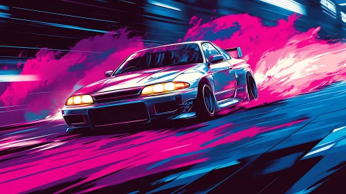 Neon-lit turbo coupe drifting through vaporwave city tunnel