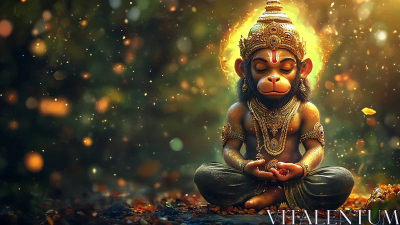 Meditating monkey deity in ornate gold regalia, bokeh aura
