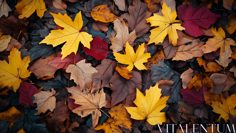 Colorful autumn maple leaves scattered on forest ground.