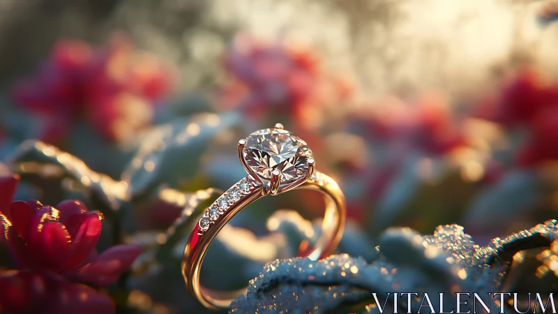 Golden diamond ring glowing softly in a dreamy garden scene.