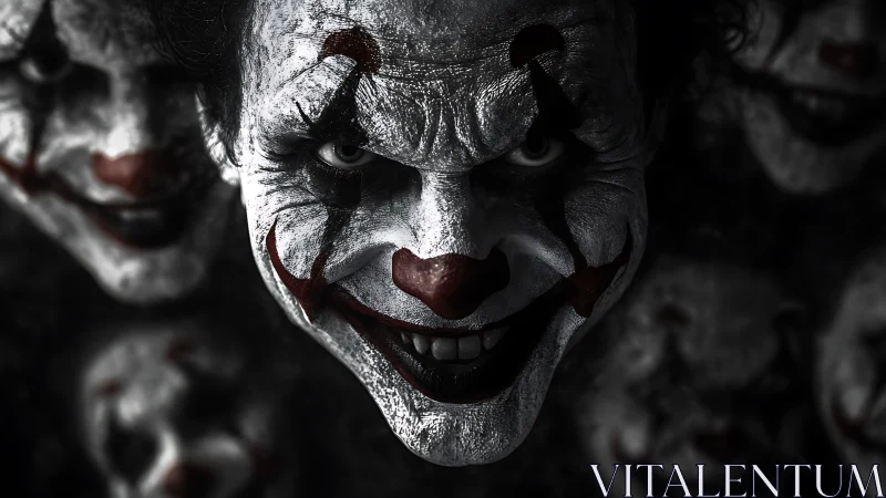 Eerie clown face leans from the shadows with intense grin