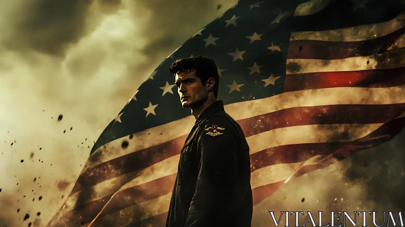 Pilot silhouette before stormy sky and worn US flag.