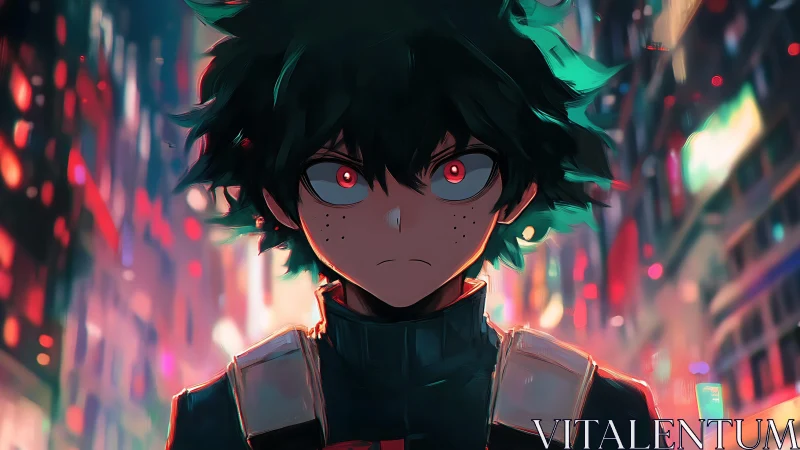 Intense anime hero stands defiant amid neon city lights.