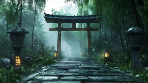 Asian Temple Gate in Misty Forest Landscape.