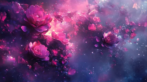 Neon Floral Explosion With Glowing Pink Roses.