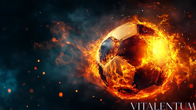 Blazing soccer ball racing through sparks and smoky night sky.
