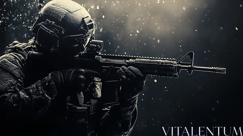 Tactical soldier aiming rifle under drifting snow at night.