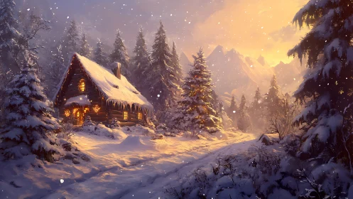 Snow-laden log cabin at dusk with illuminated windows and pines