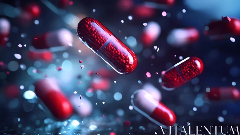 Red and White Capsules Floating in Dramatic Digital Art Scene.