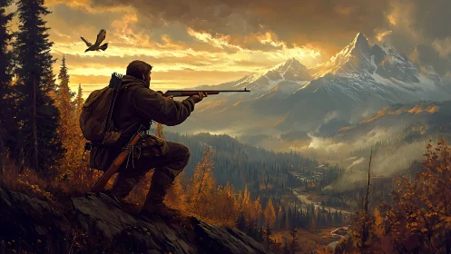 Backlit mountain hunter aims rifle across misted conifer valley