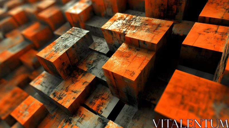 Rust-kissed orange cubes march upward in shifting digital terrain