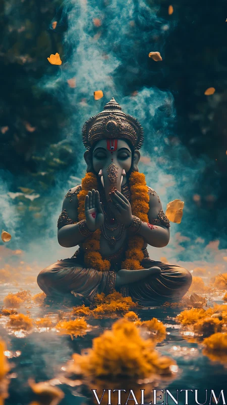 Rendered seated deity statue with marigolds and ambient smoke