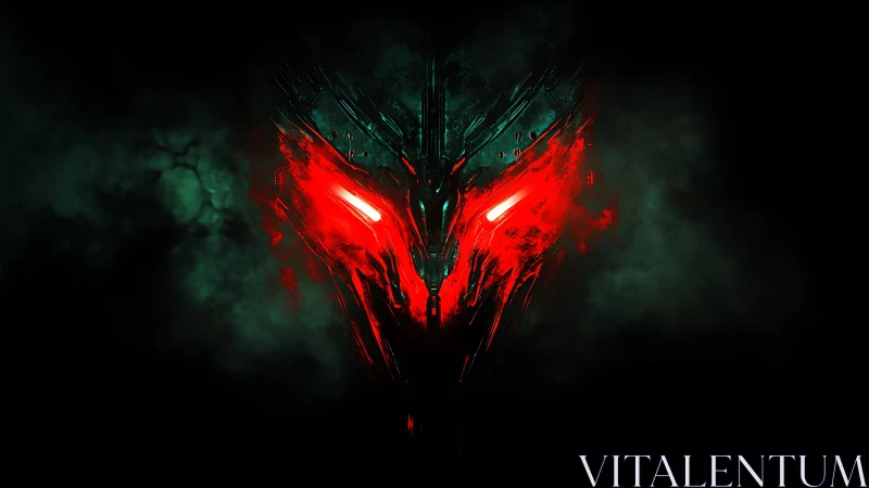 Smoldering cyber mask glowing through emerald smoke.