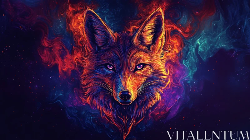 Neon vulpine portrait with swirling cosmic fire gradients.