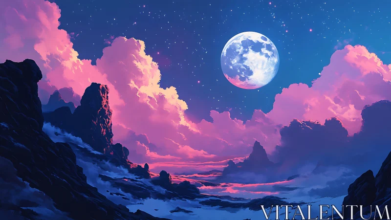 Moonlit dreamscape over glowing pink twilight clouds.