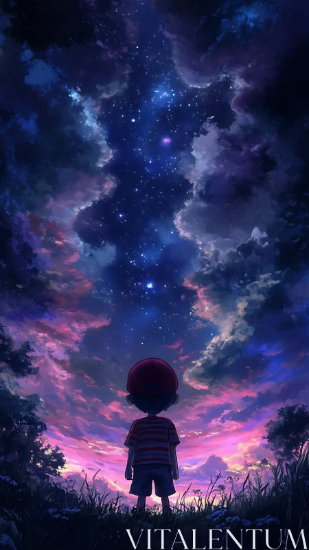 Nocturnal sky corridor above silhouetted child observer.